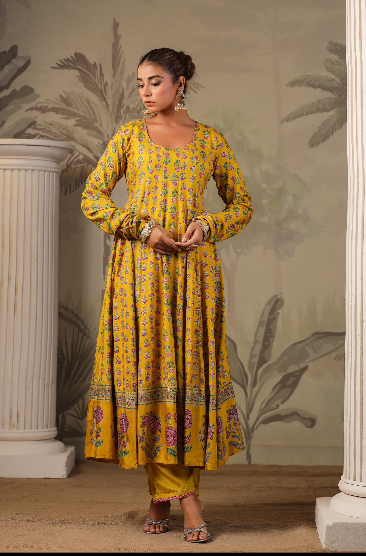 Yellow Block Print Mughal Print  Anarkali Suit
