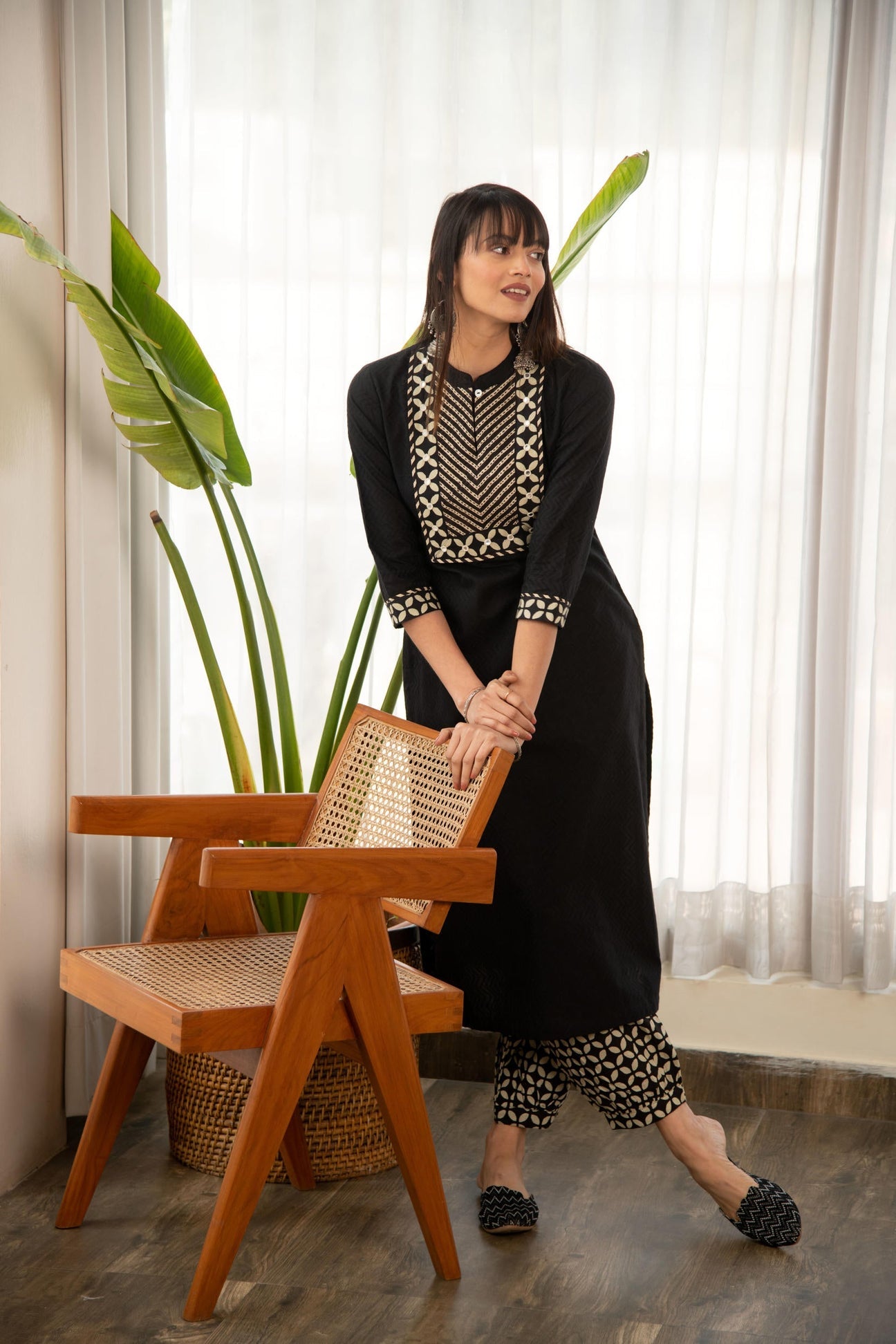 Black Dobby Straight Kurta with Printed Afghani bottom