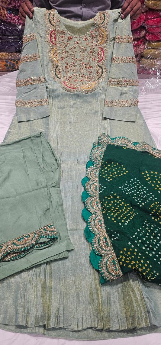 Green Handworked Pleated Anarkali Set with Bandhani Dupatta