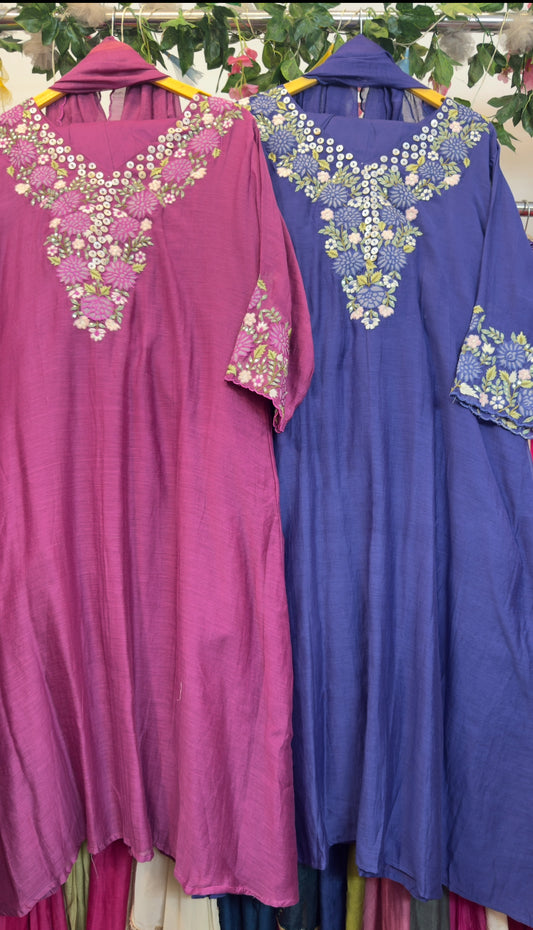 Blush pink & blue beautiful neck applique suit