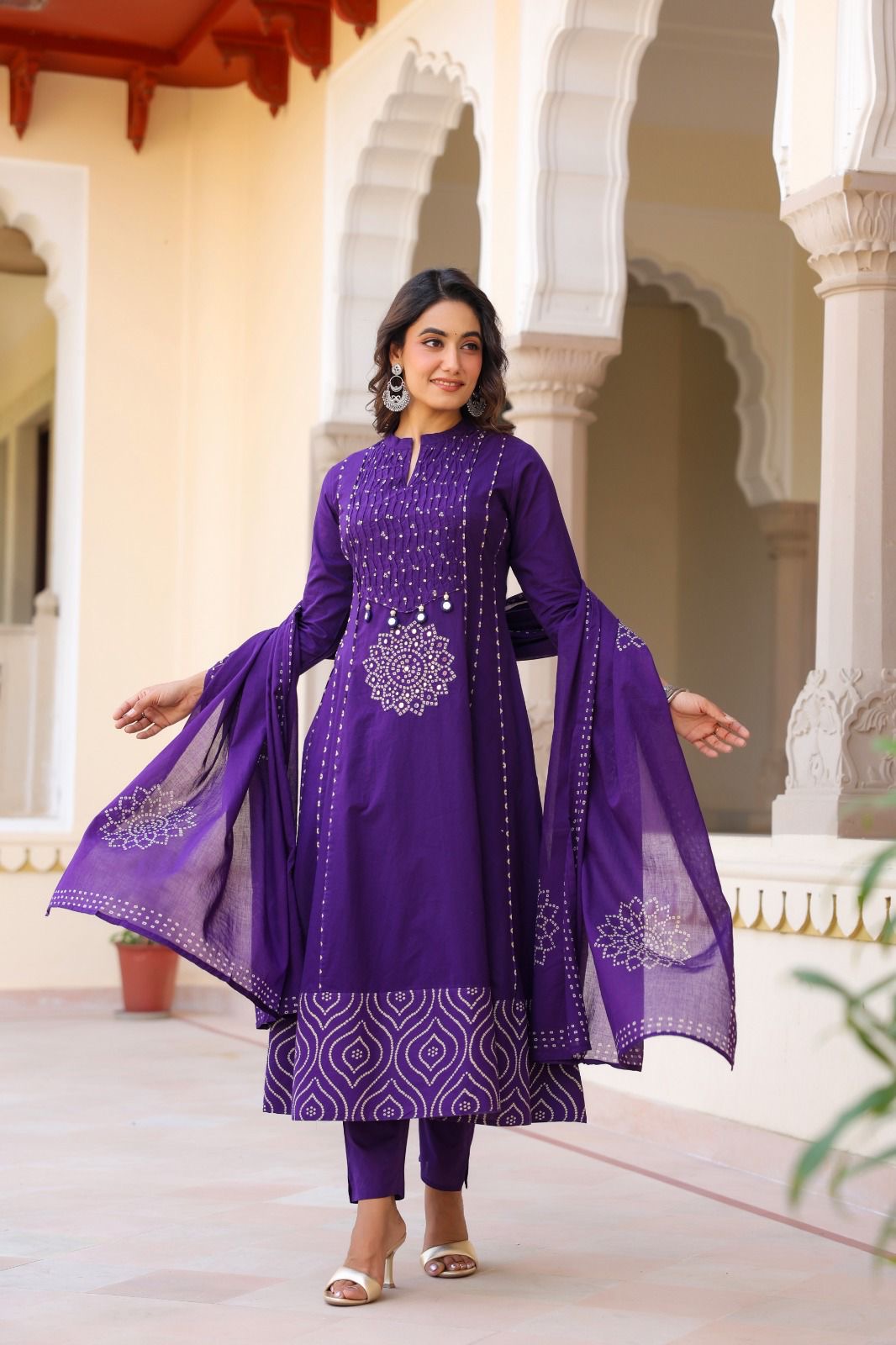 Purple cotton Bandhani real mirror work detailing