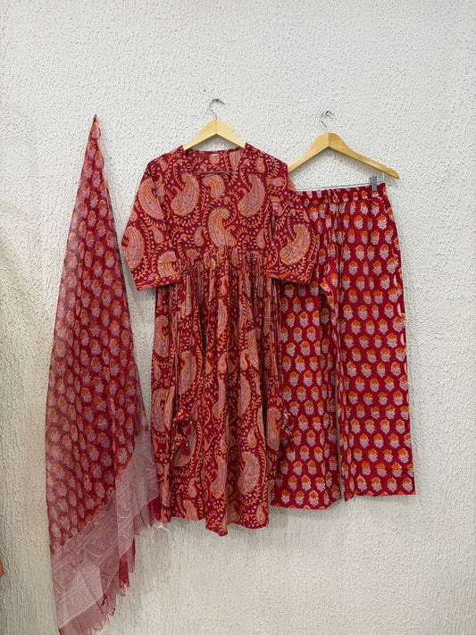 Ritu kumar print Cotton Anarkali pants with kota doria dupatta
