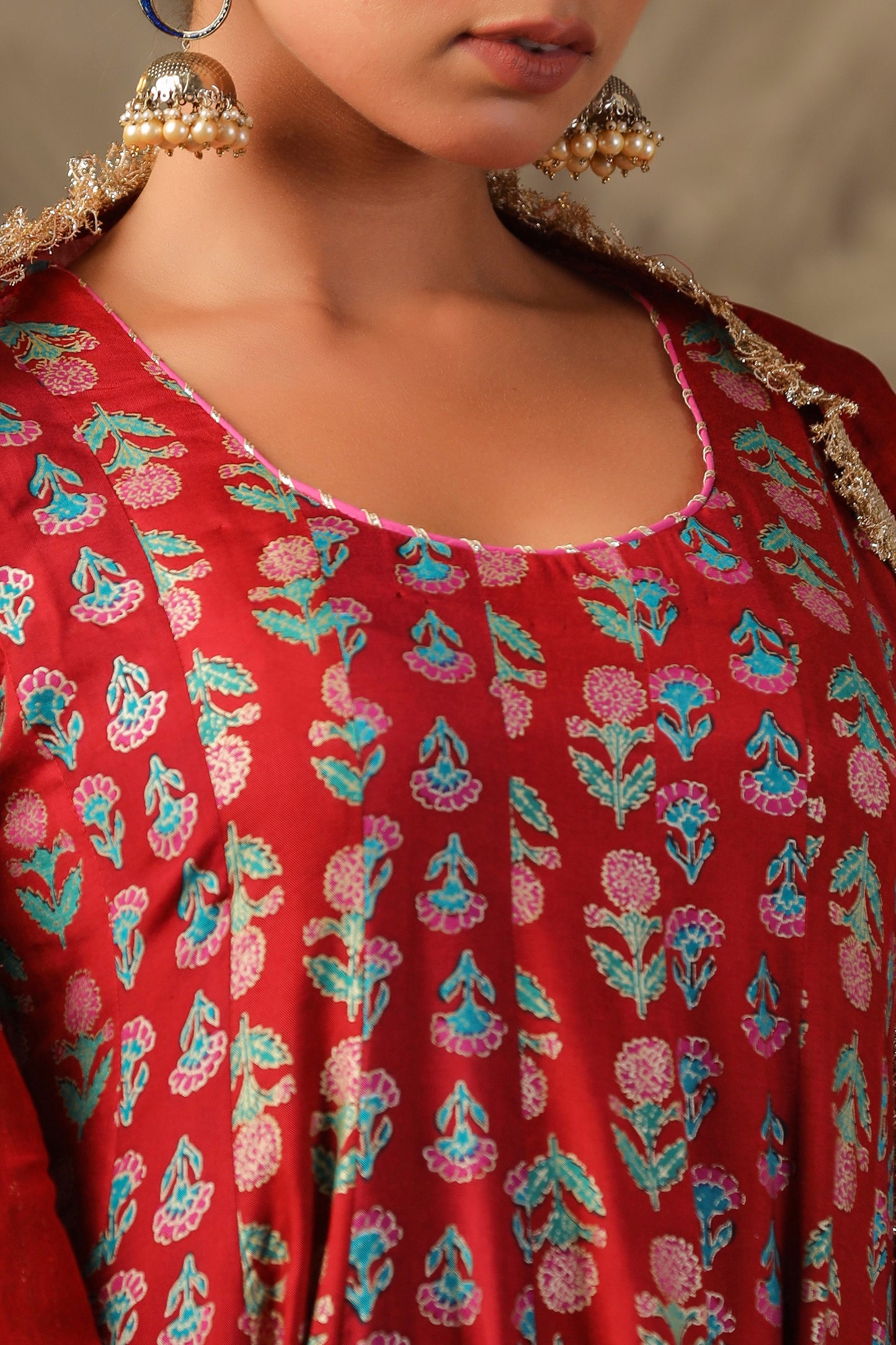 Red Block Print Mughal Print  Anarkali