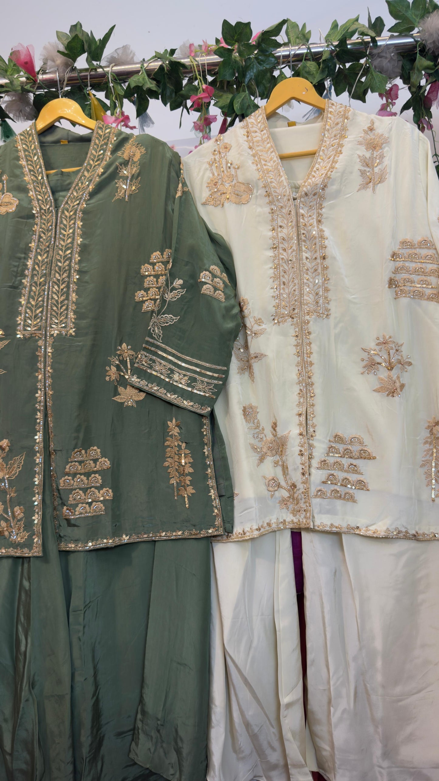 Natural Crepe embroidery on shirt paired with divider