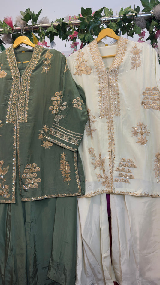 Natural Crepe embroidery on shirt paired with divider