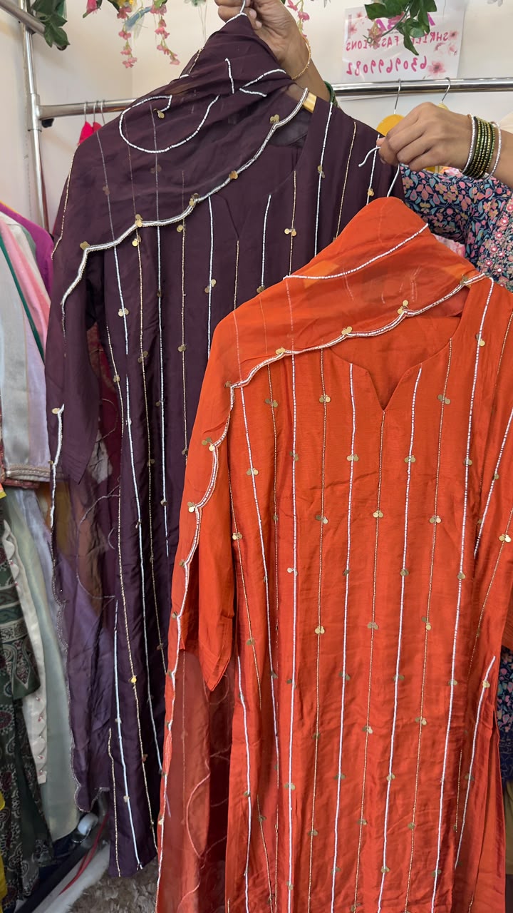 Pure silk suit with pearl work pairs with organza dupatta & silk pants
