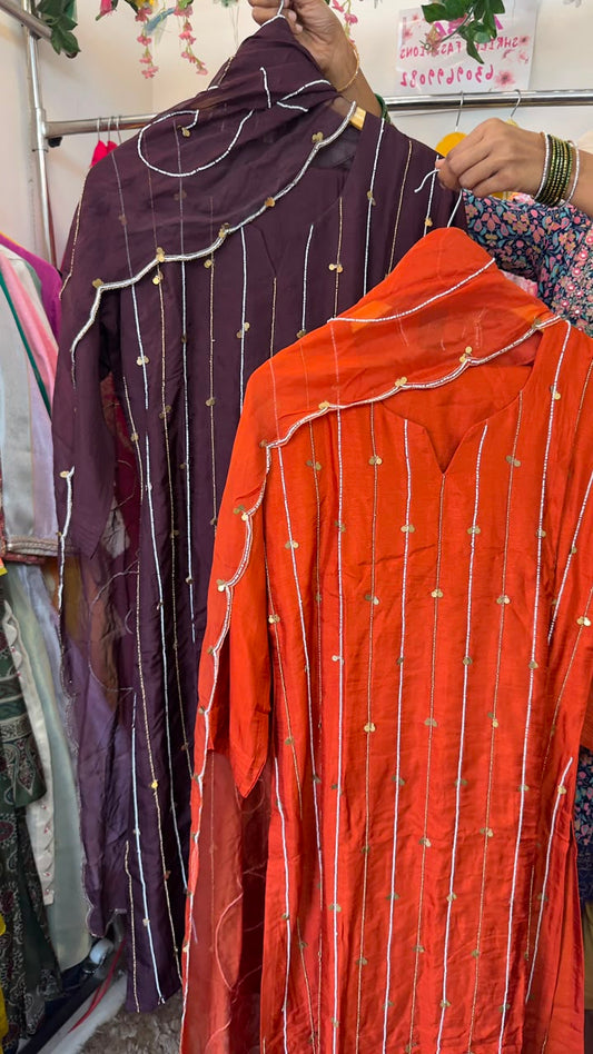 Pure silk suit with pearl work pairs with organza dupatta & silk pants
