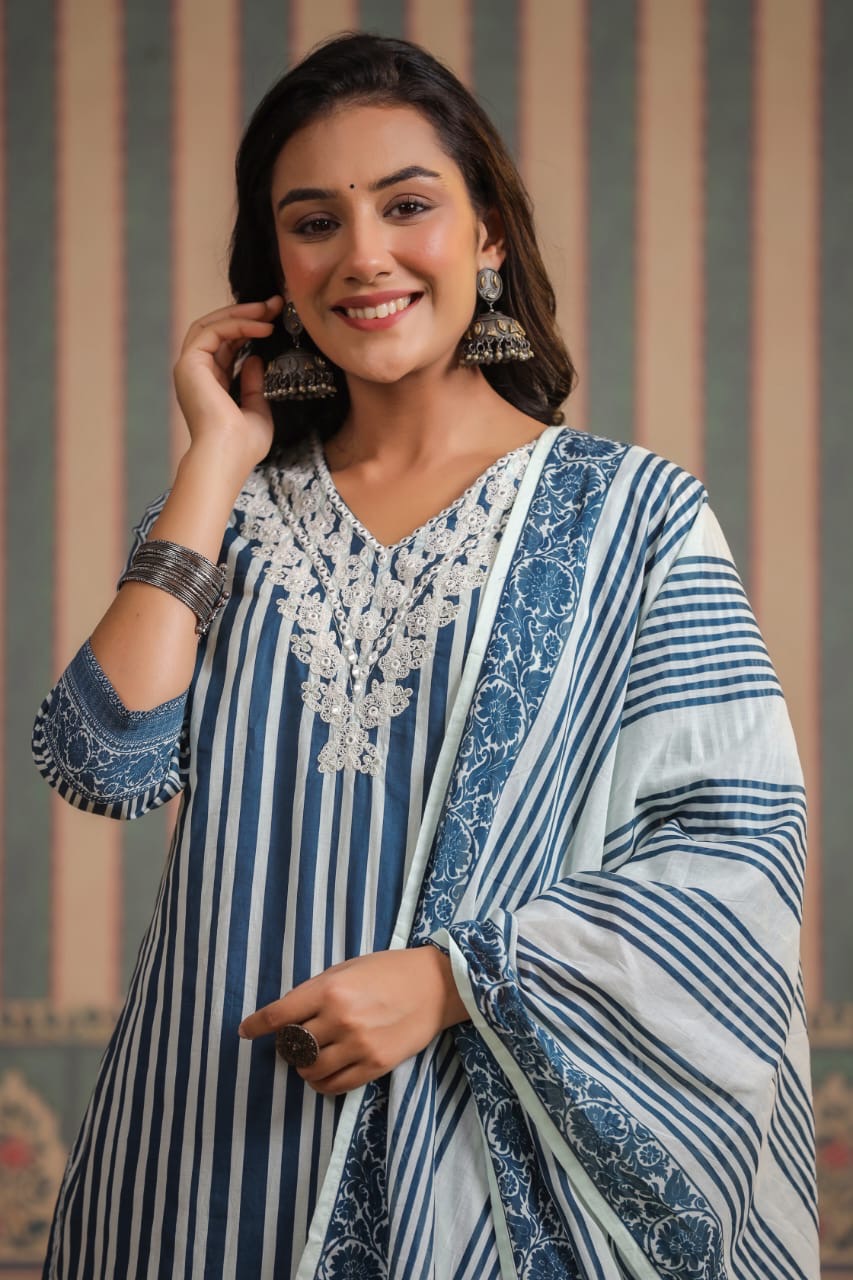 Strip cotton kurta pant duppata set