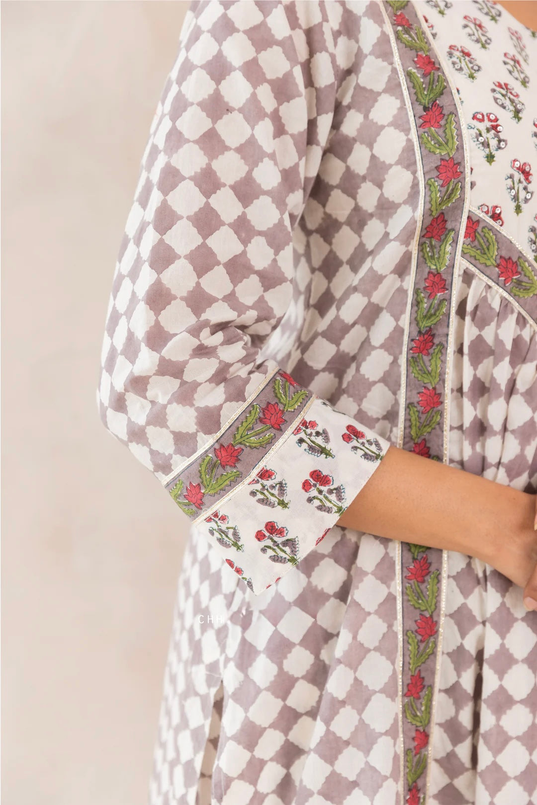 Grey COTTON BLOCK PRINT CHECKS FRONT GATHER KURTA SET