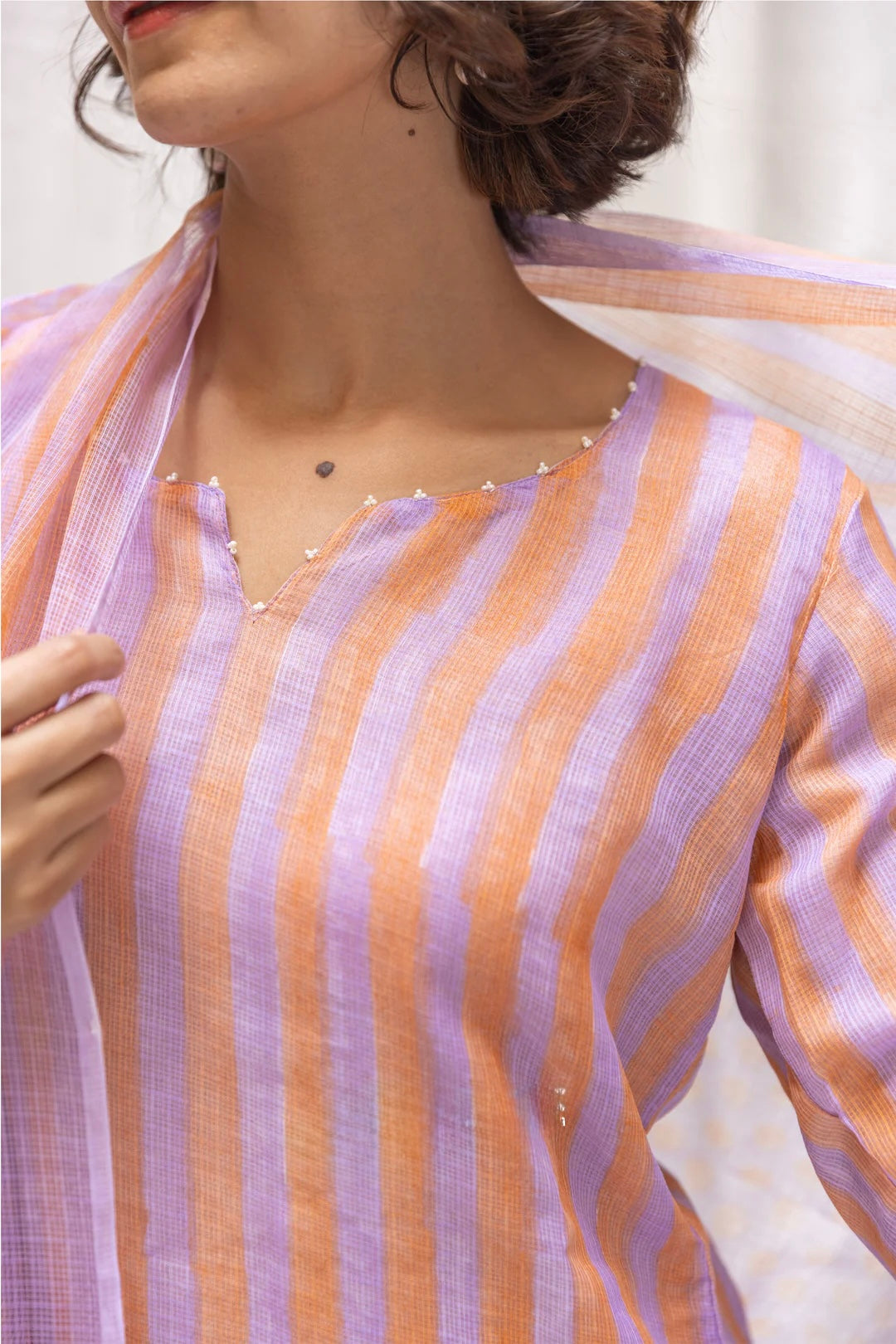KOTA DORIA STRIPE BLOCK PRINT KURTA SET IN SHADES OF SWEET PEACH & LAVENDER