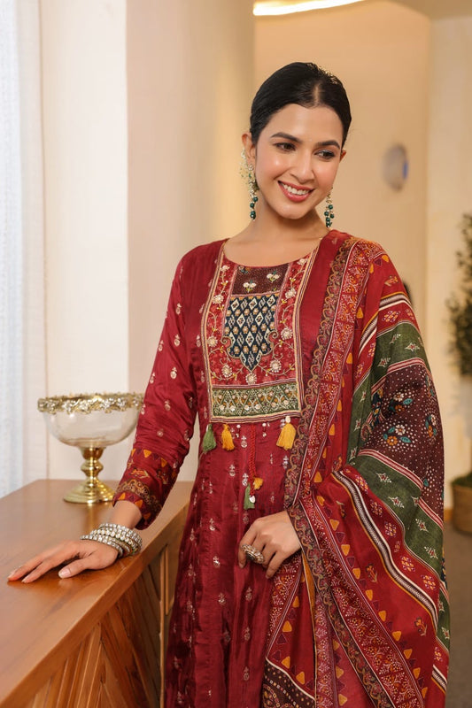 Beautiful maroon Boho Look Panel Anarkali Full Suit Set With Dupatta In Dola Silk Fabric