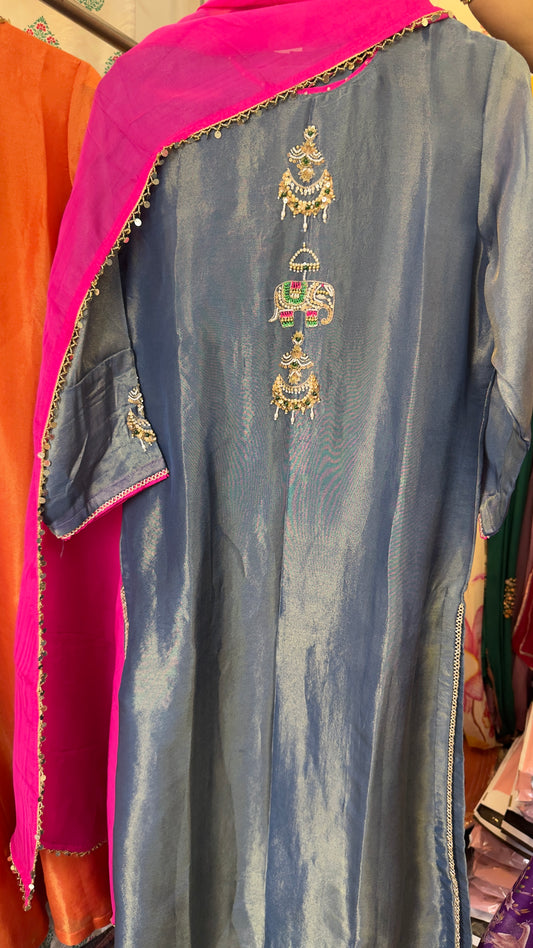 Jewel blue elephant handwork premium tissue suit with organza Dupatta & tulip pants