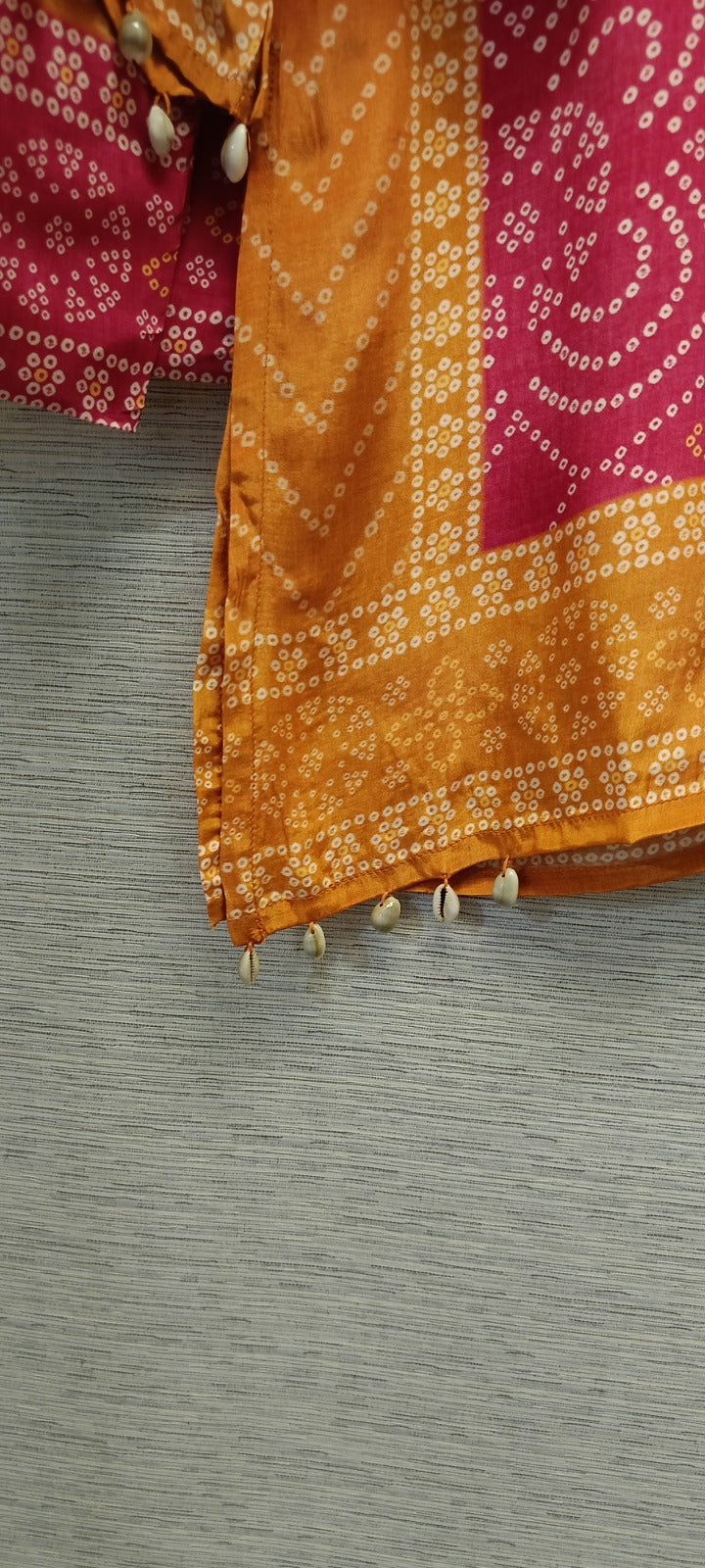 Yellow red Bandhani crepe set