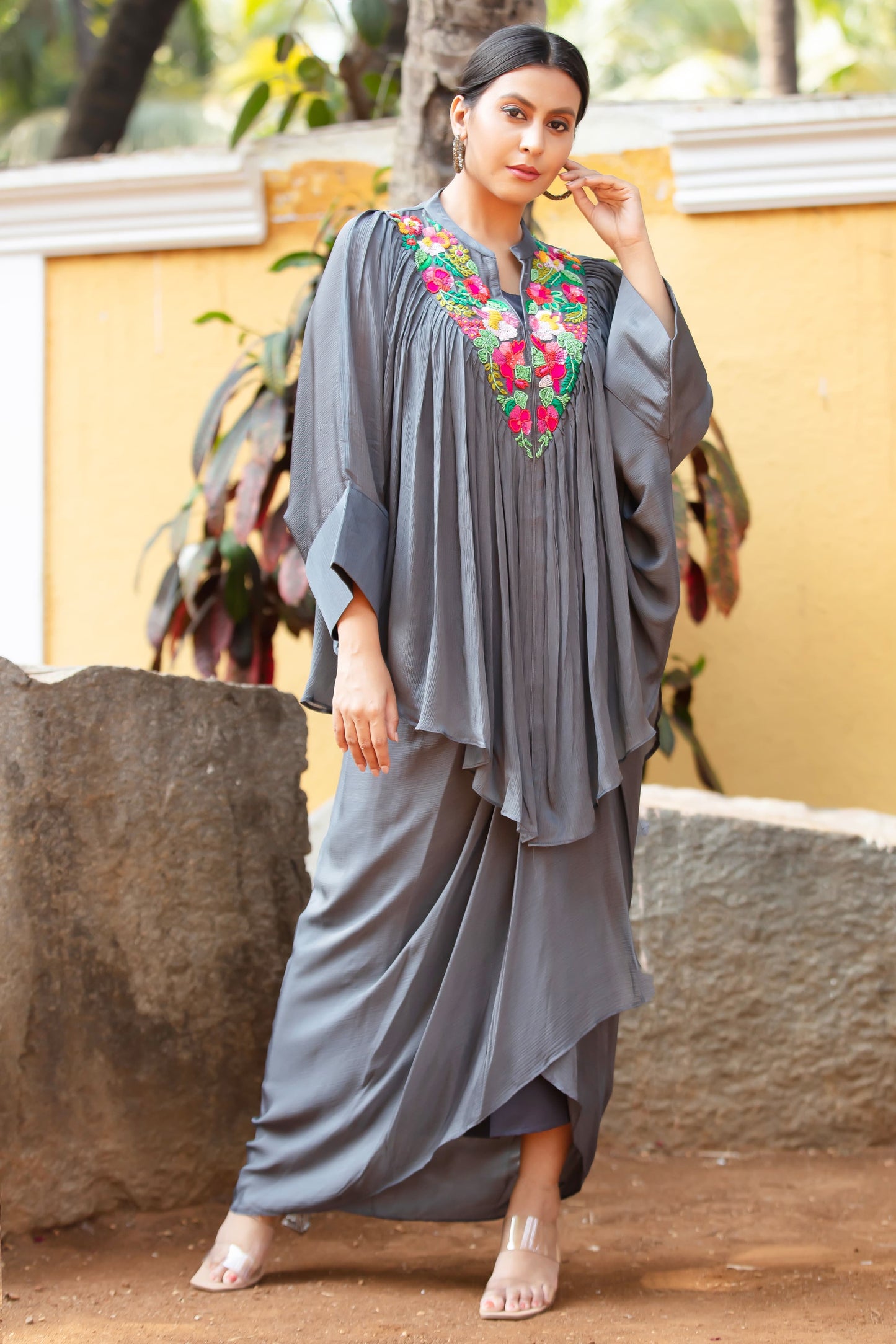 Grey Chinon Kaftan Suit With Sequins