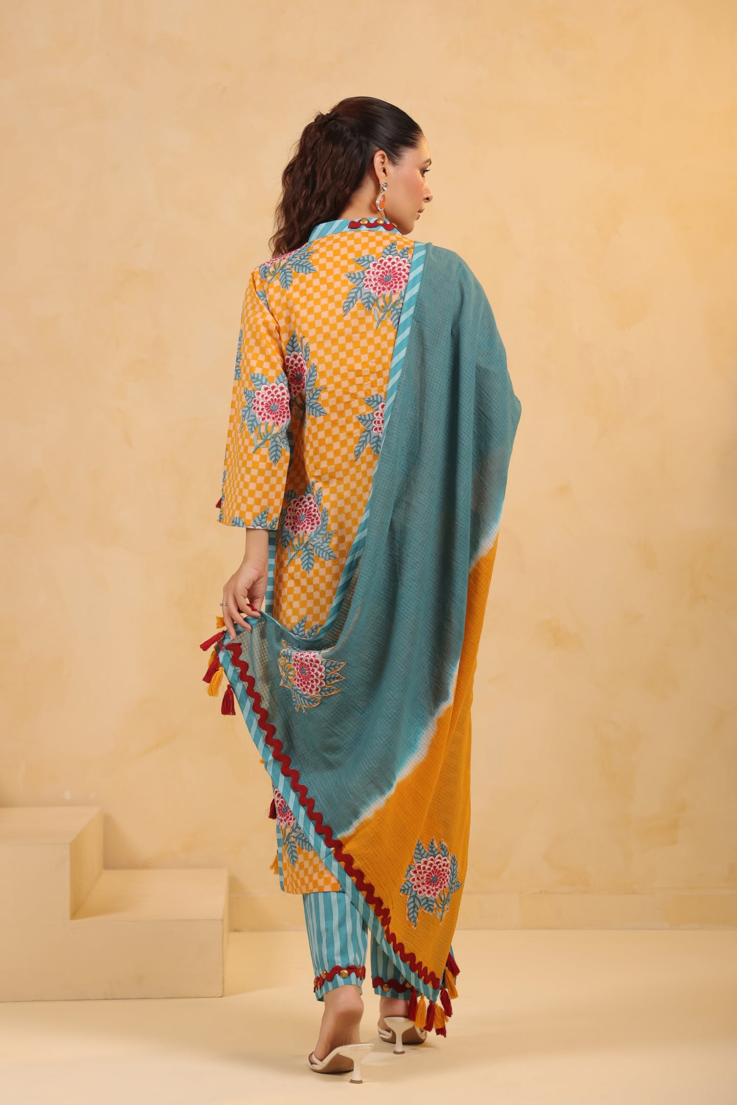Yellow  Gomertical cotton premium suit with beautiful detailing & kota doria dupatta
