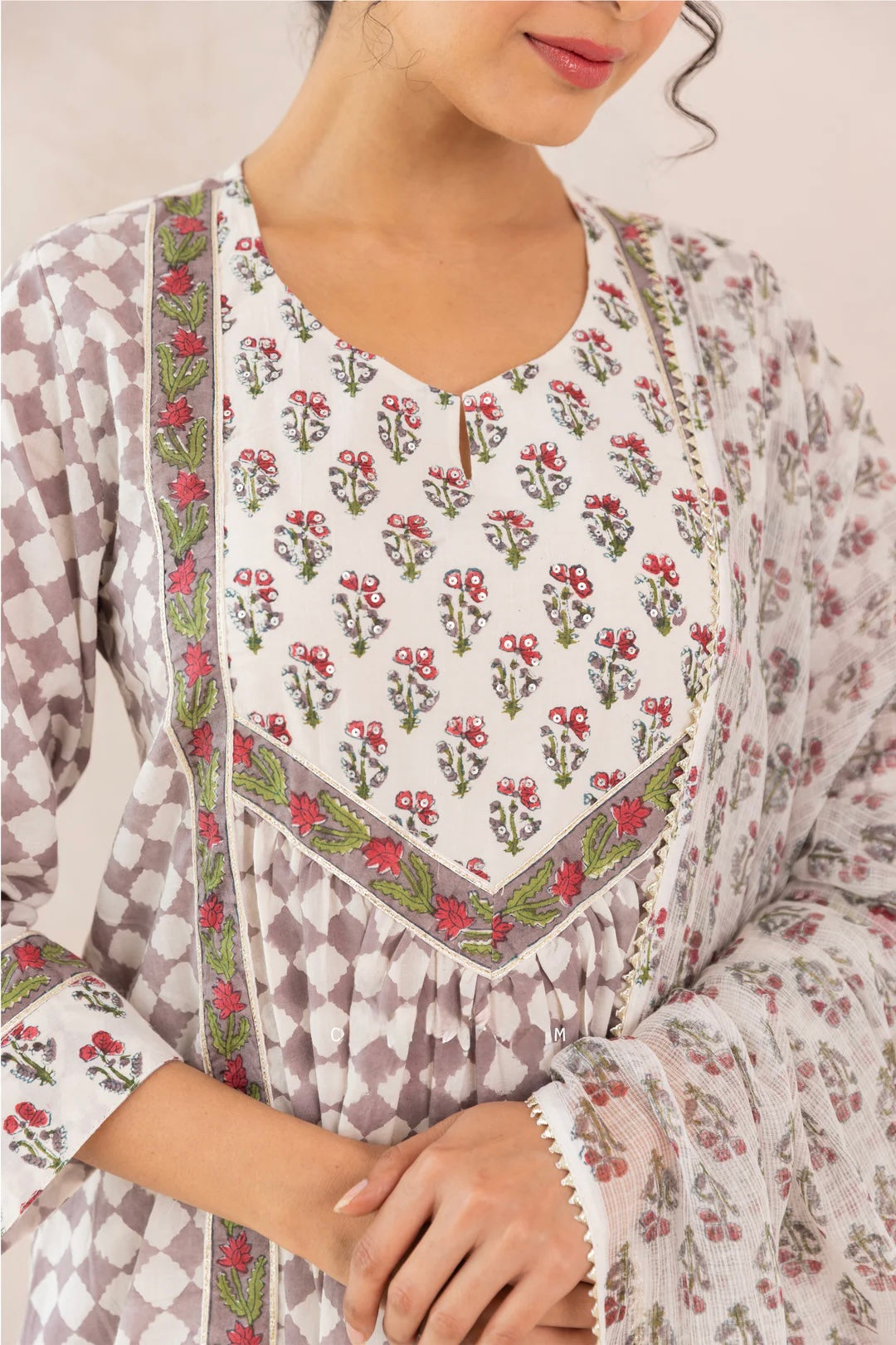 Grey COTTON BLOCK PRINT CHECKS FRONT GATHER KURTA SET