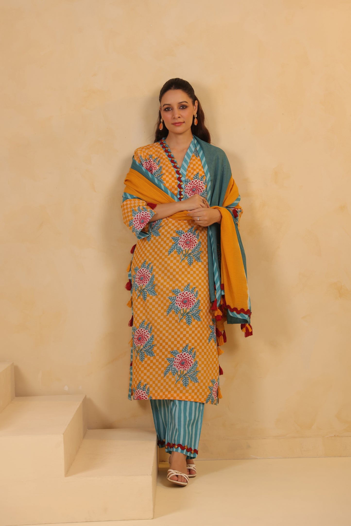 Yellow  Gomertical cotton premium suit with beautiful detailing & kota doria dupatta