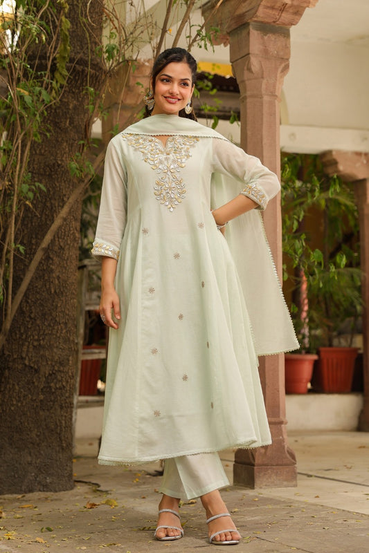 Pista green gota  mul cotton Anarkali