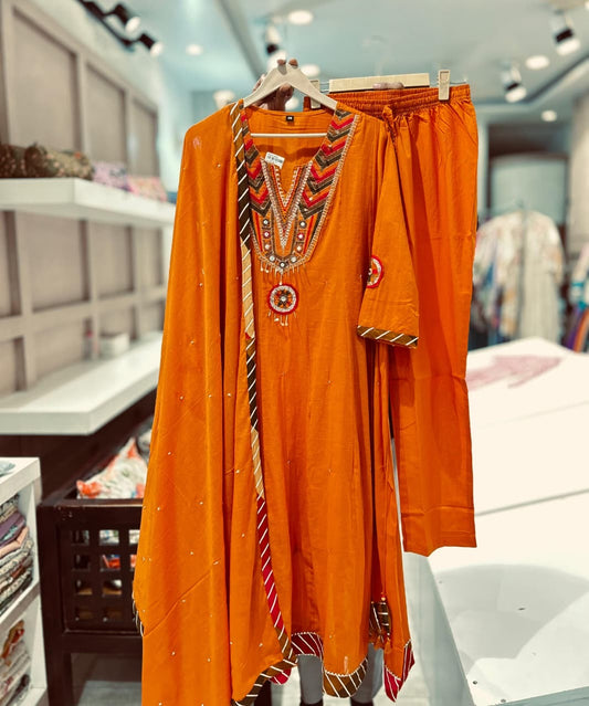 Rust Pure cotton Anarkali with beautiful embroidery yoke crush dup and pants