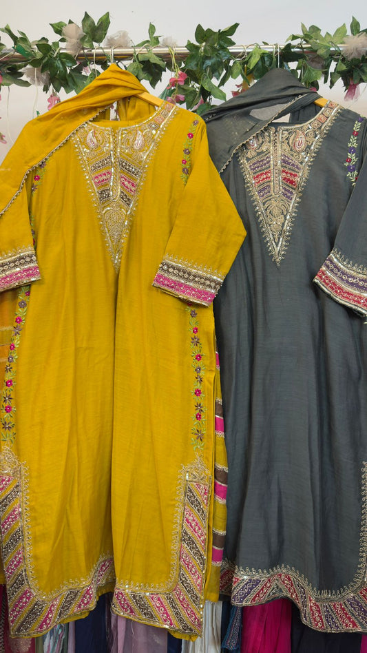 Side slit handwork straight mul chandari suit