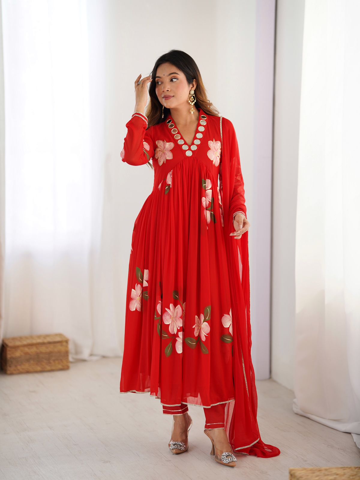 Chiffon real mirror Anarkali with handpainted detailing. Handwork on yoke.