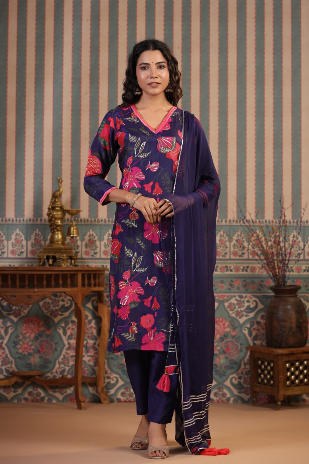 Muslin silk orangy & purple suit