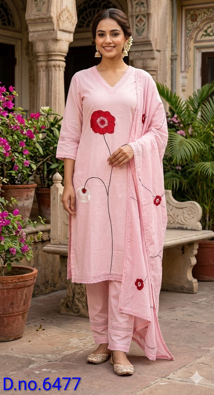 Pure cotton appliqué work on kurta comes with cotton pant dup with cotton lining attached with kurta