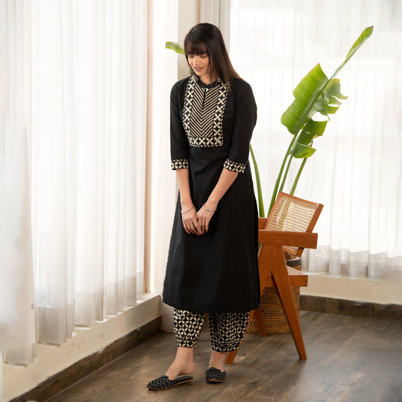Black Dobby Straight Kurta with Printed Afghani bottom