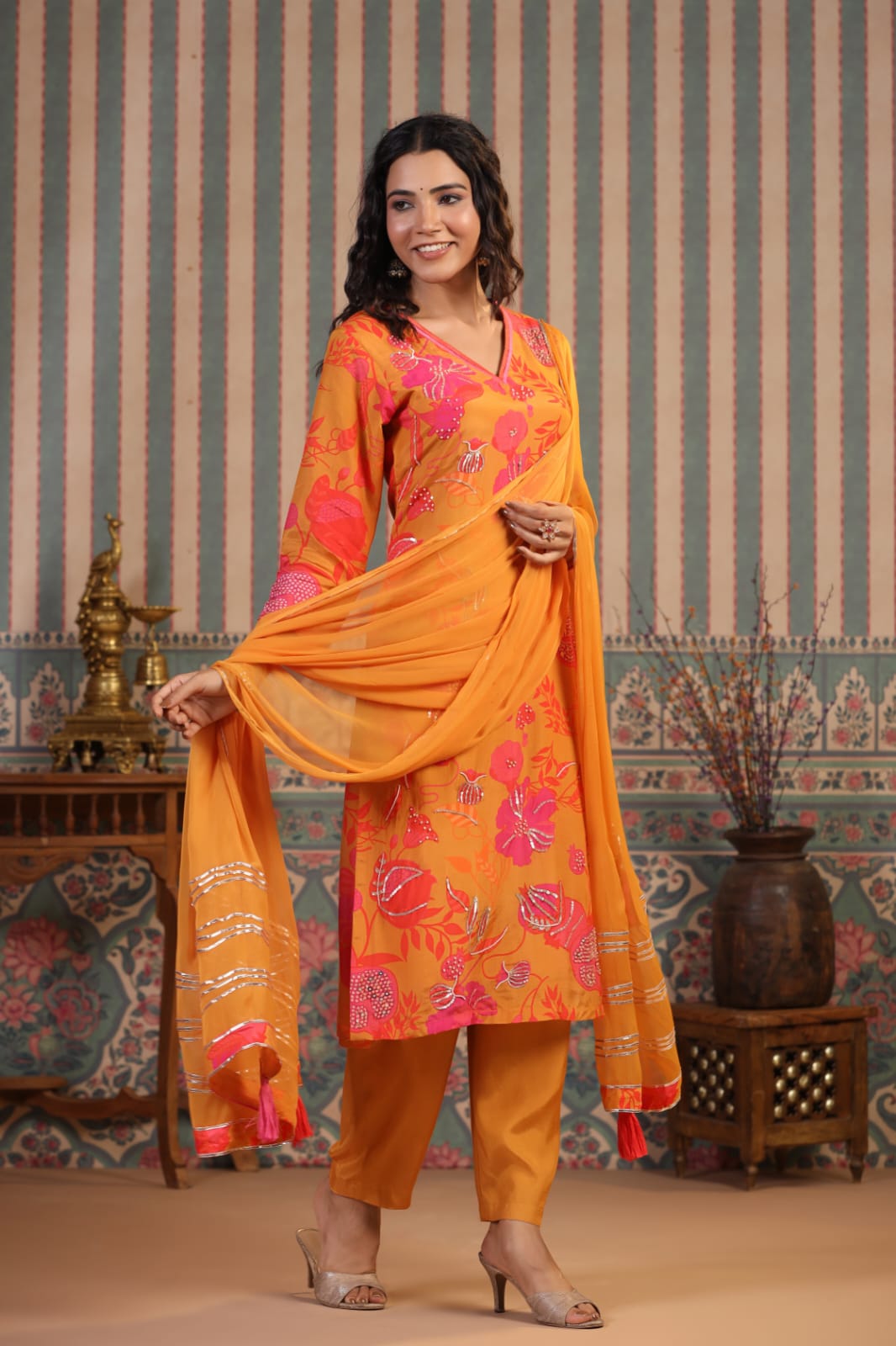 Muslin silk orangy & purple suit