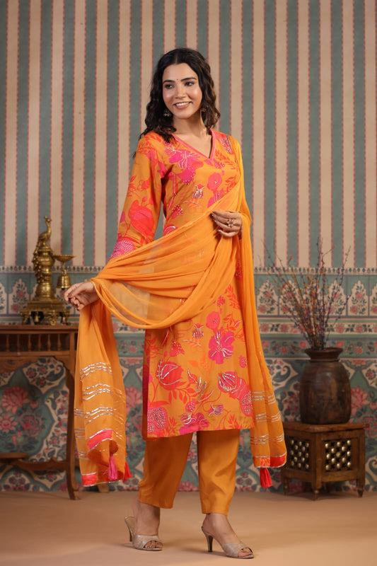 Muslin silk orangy & purple suit