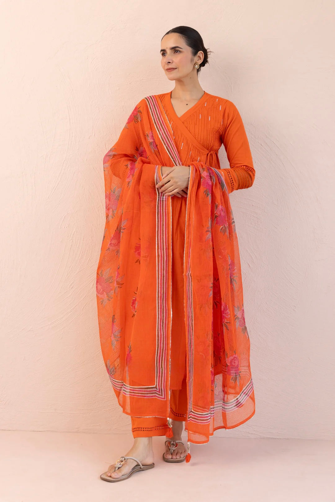 Fanta orange COTTON SLUB PLAIN DYE ANGRAKHA KURTA SET IN GOLD FLAME