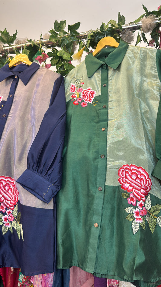 Tissue and mul chandari embroidery co ord set