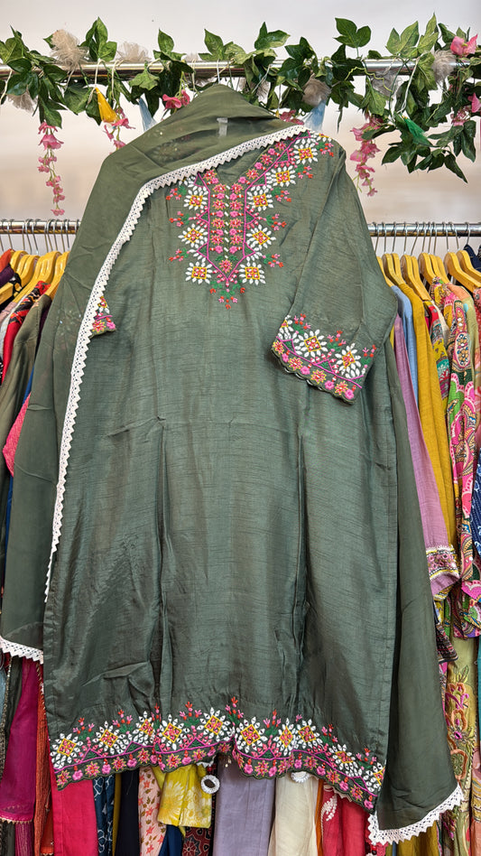 Green multi shades embroidery silk suit
