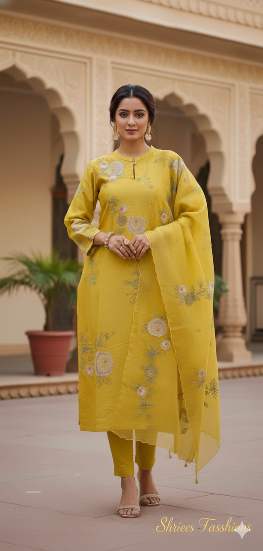 Appliqué embroidery mul chandari silk suit