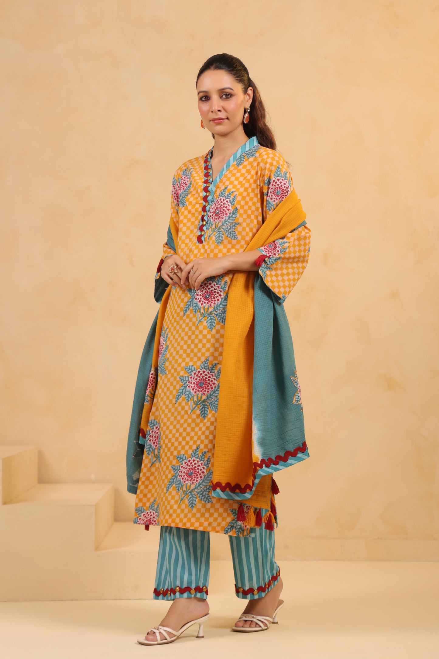 Yellow  Gomertical cotton premium suit with beautiful detailing & kota doria dupatta