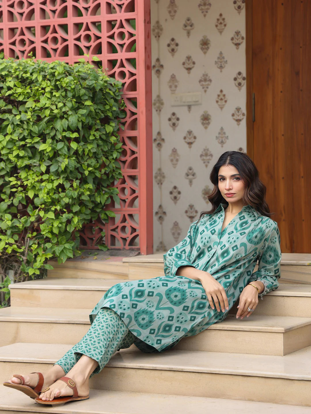 Green ikkat Indian cotton co ord set