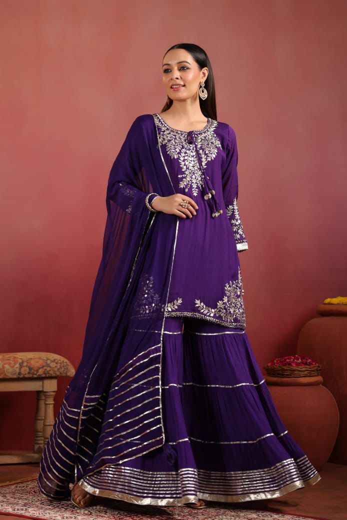 Purple Chinon gota lather real mirror work Sharara set with pure chiffon dup