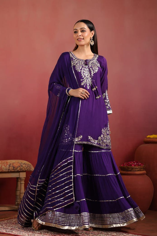 Purple Chinon gota lather real mirror work Sharara set with pure chiffon dup