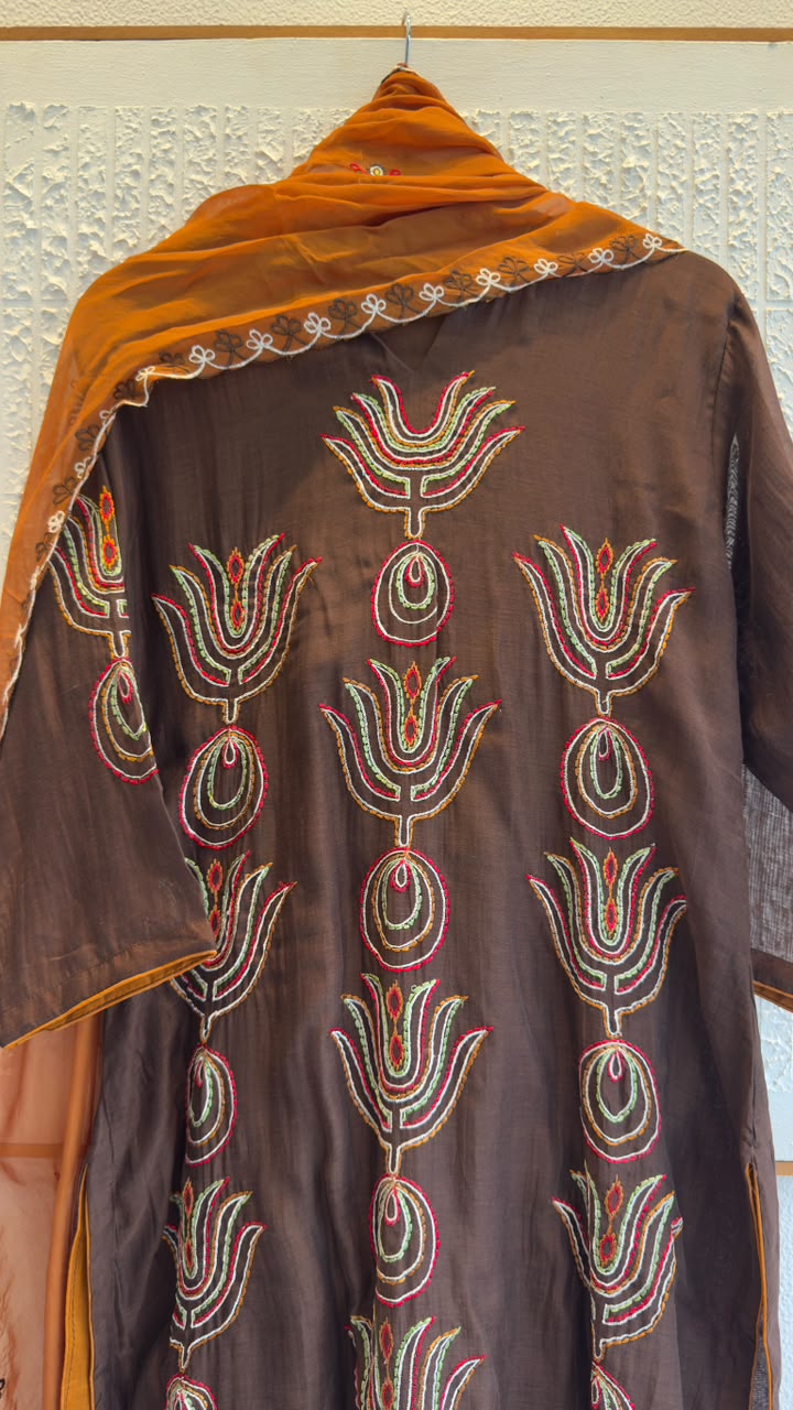 African embroidery mul chandari suit with soft organza dup & cotton silk pants