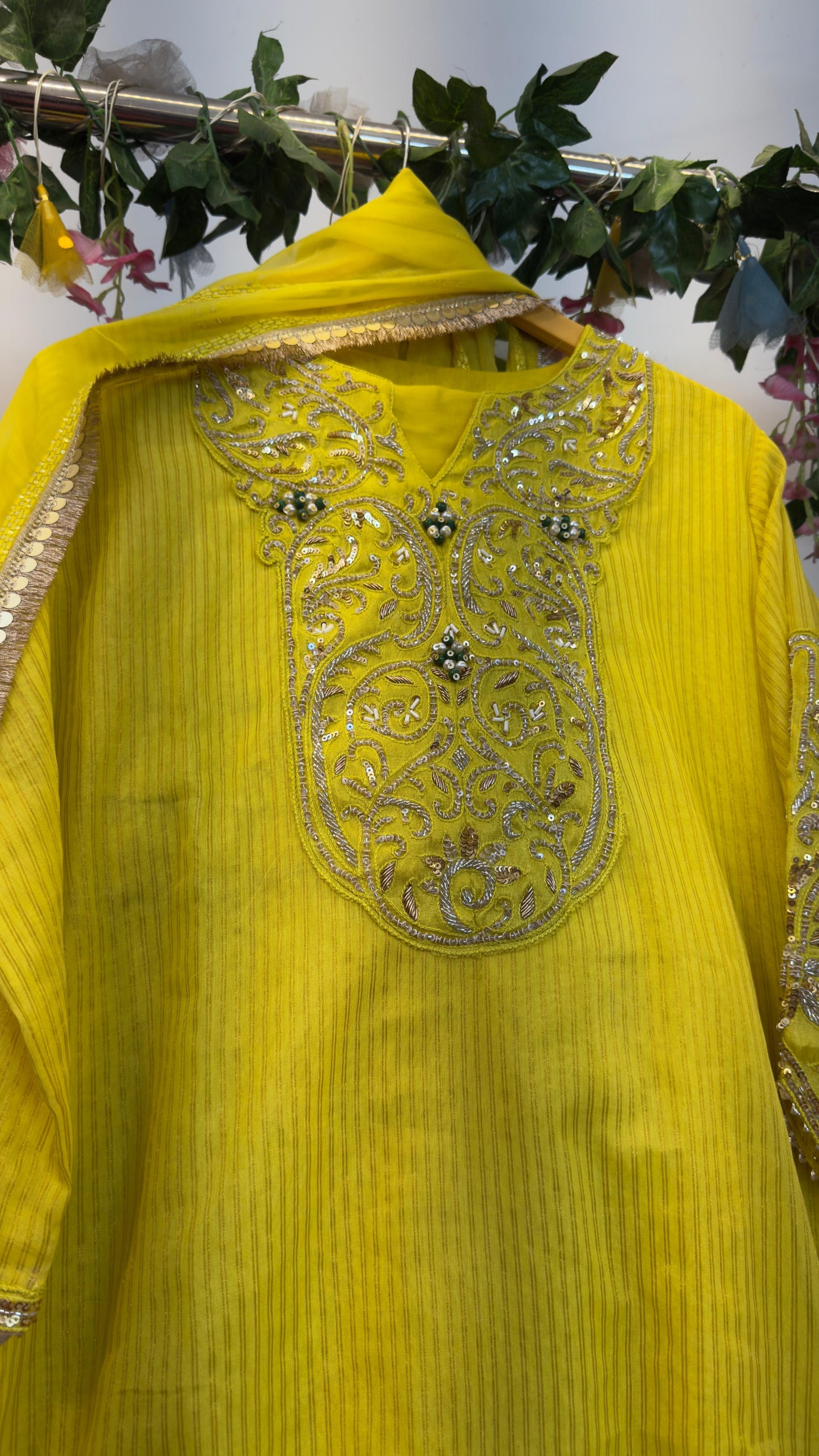 Greenish yellow apple cut sleeves with beautiful yoke and premium suit
