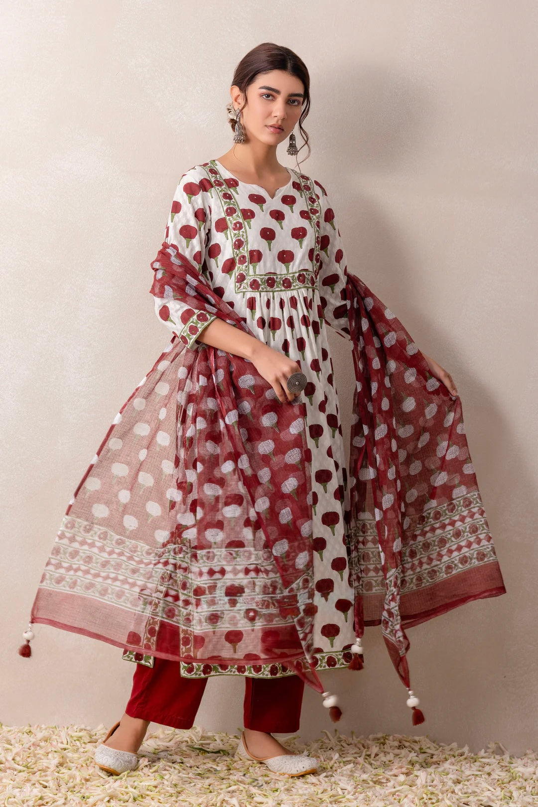 Marron marigold handblock cotton suit with pure kota doria dupatta