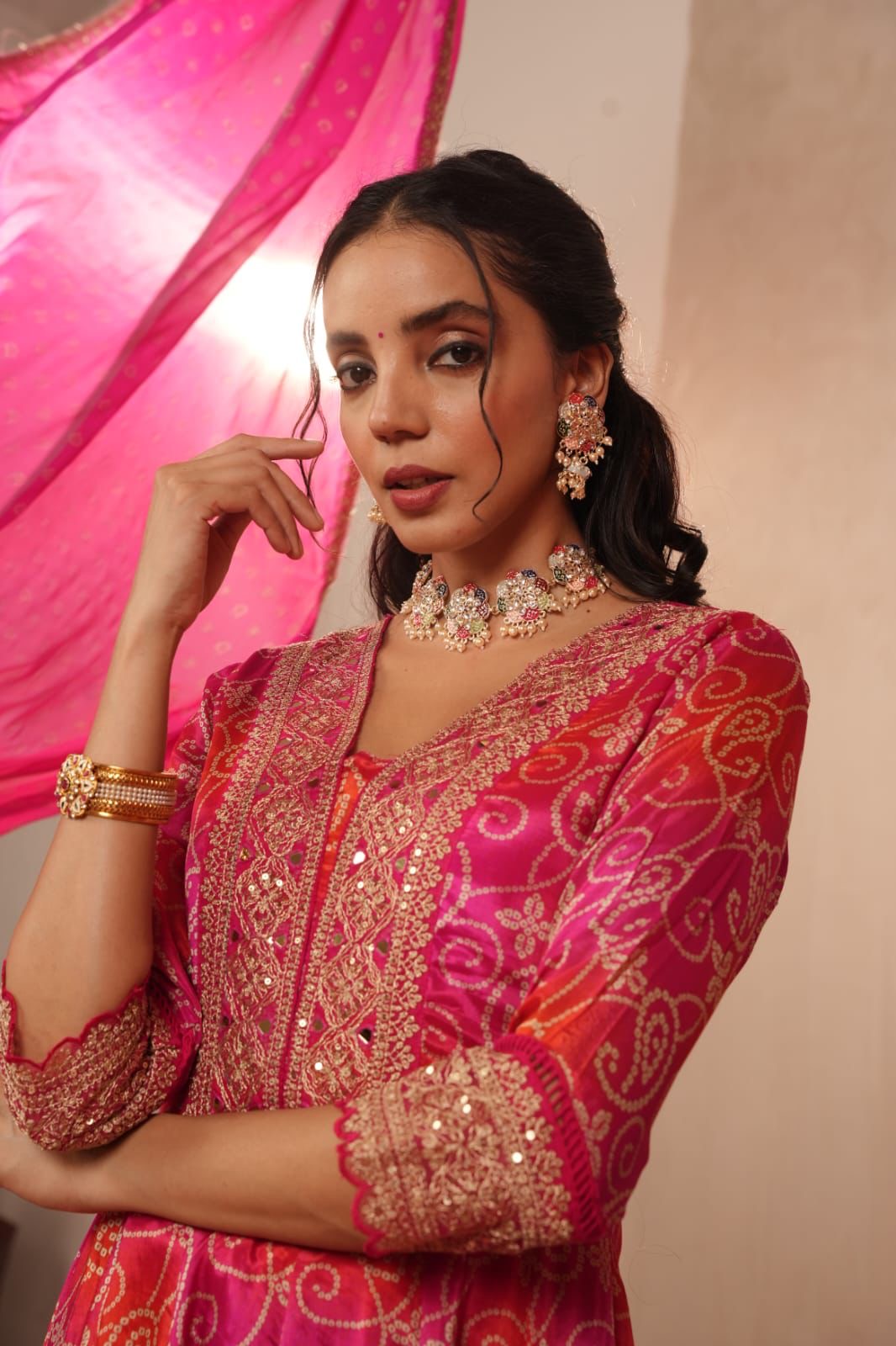 Pink Bandhani chinon anary