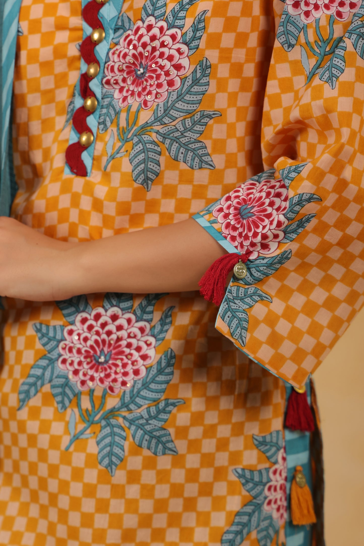 Yellow  Gomertical cotton premium suit with beautiful detailing & kota doria dupatta