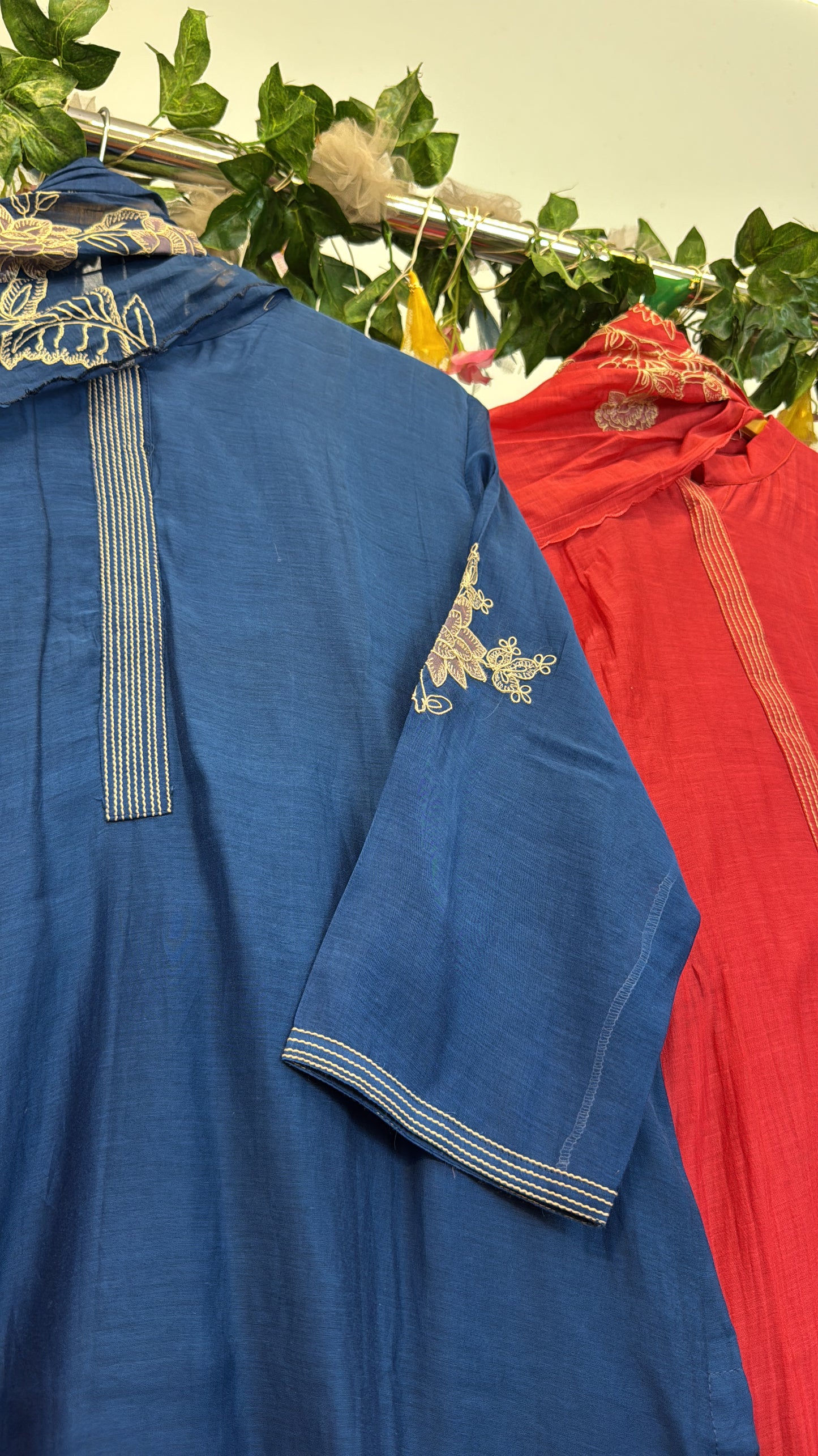 Embroidery pure mul chandari standing collar suit