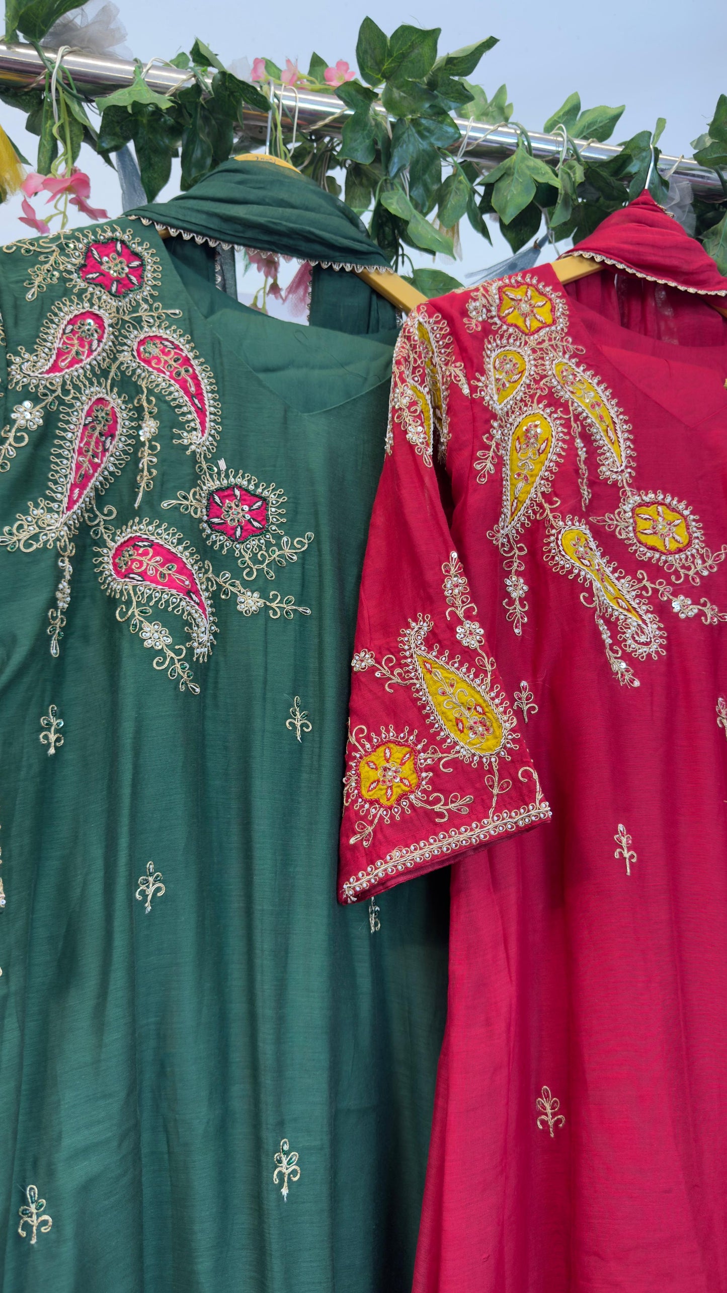 Silk appliqué Aline suit with mul chandari Dupatta and cotton silk pants
