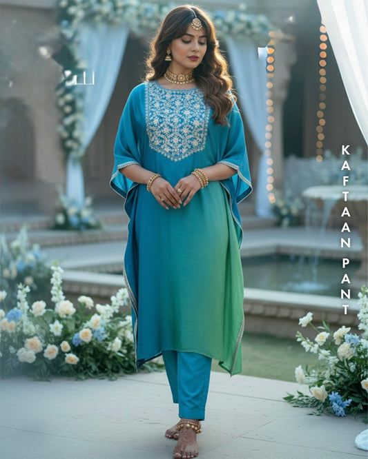 Blue ombré silk kaftan pants set