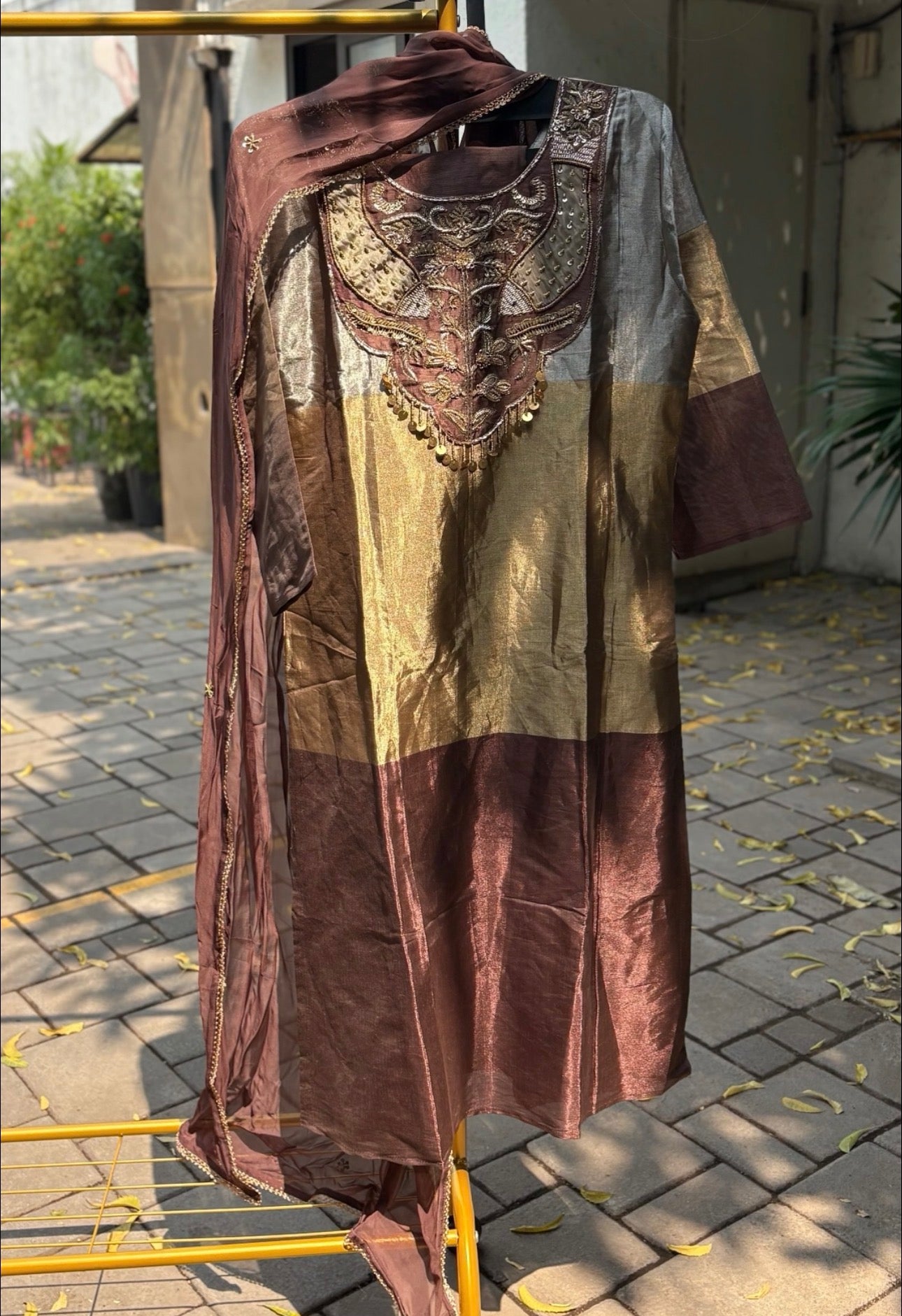 Trendy tissue staright suit with organza dup and silk pants