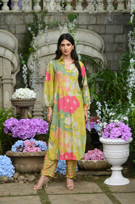 Lime Flower Muslin Kurta Set