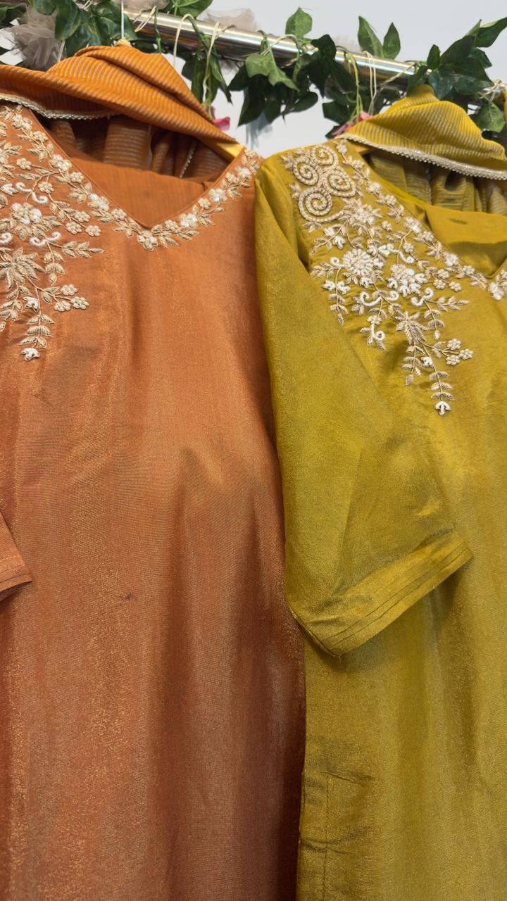 Tissue Zari handwork beautiful detailing on neck & hem of kurta with classy dup pant set