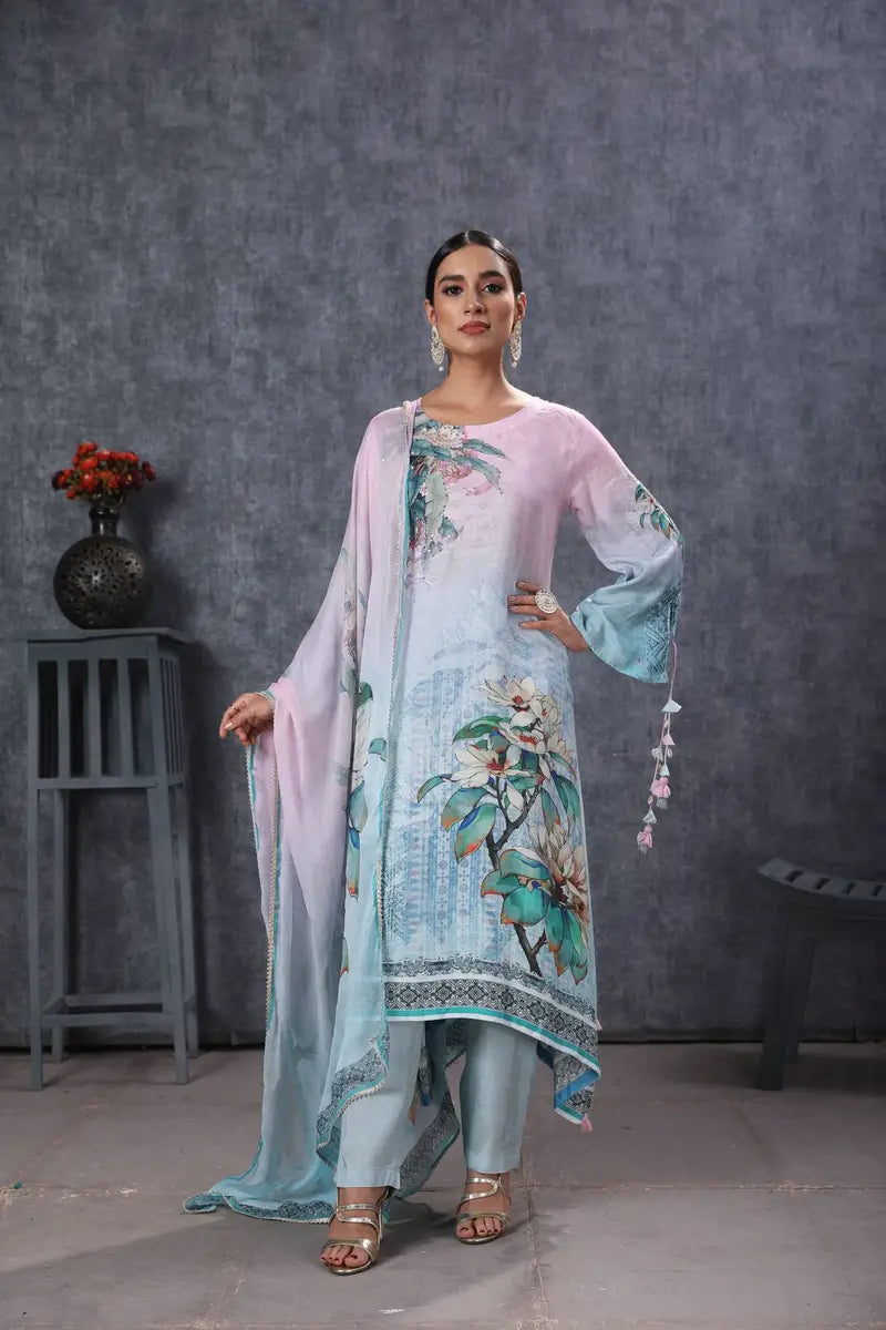 SEA GREEN MUSLIN HANDKERCHIEF CUT KURTA SET